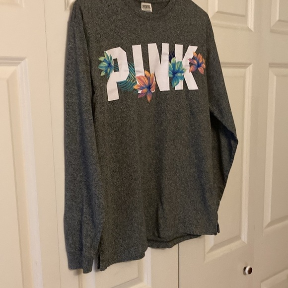 PINK Victoria Secret everyday long sleeve T shirt gray XS Hawaiian flowers - Picture 2 of 10